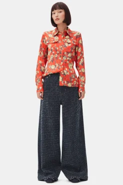 GANNI Topper<Orange Floral Printed Satin-skjorte Poinciana