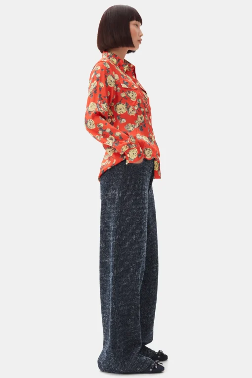 GANNI Topper<Orange Floral Printed Satin-skjorte Poinciana