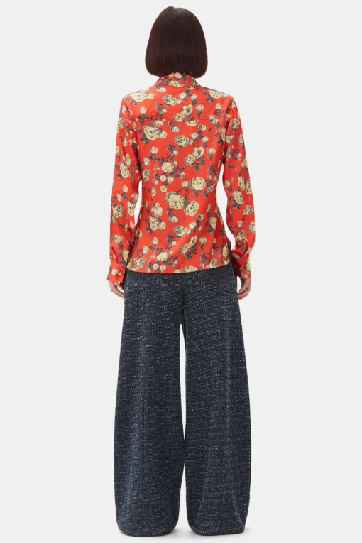 GANNI Topper<Orange Floral Printed Satin-skjorte Poinciana