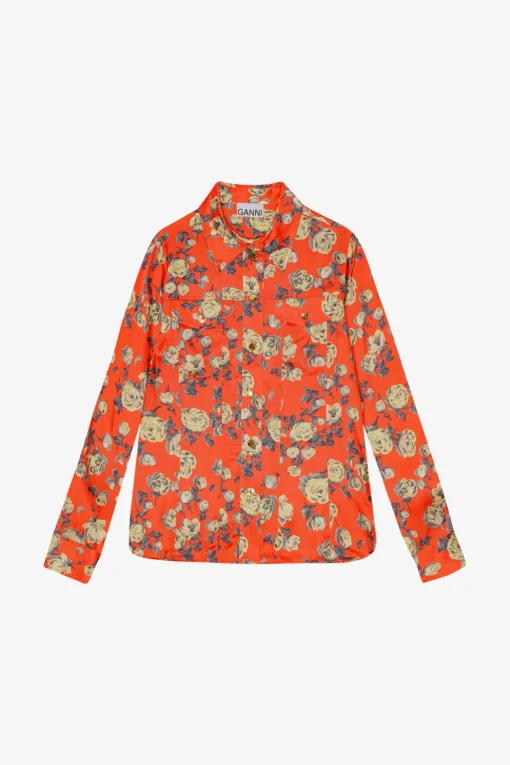 GANNI Topper<Orange Floral Printed Satin-skjorte Poinciana