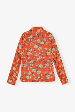 GANNI Topper<Orange Floral Printed Satin-skjorte Poinciana