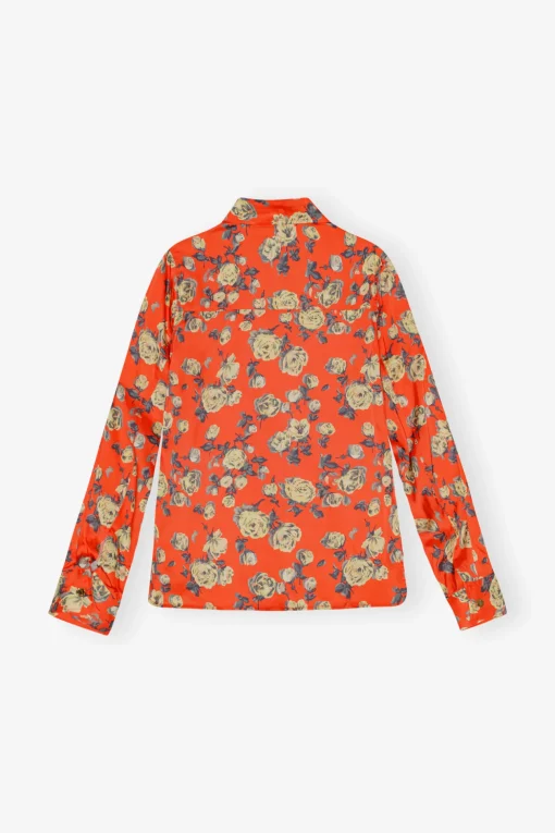 GANNI Topper<Orange Floral Printed Satin-skjorte Poinciana