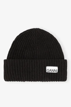 GANNI Hatter | Vintertilbehør<Oversized Wool Rib Knit Beanie BlackMelange