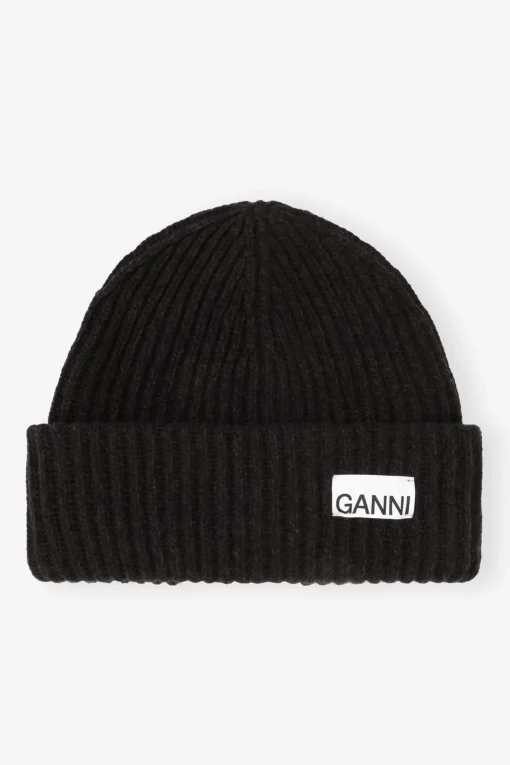 GANNI Hatter | Vintertilbehør<Oversized Wool Rib Knit Beanie BlackMelange