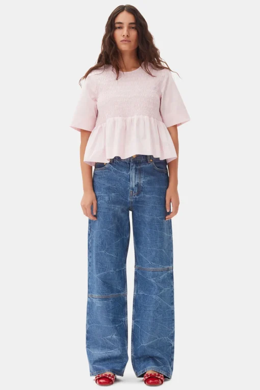 GANNI Topper<Pink Cotton Poplin Open Back Smock-bluse ChalkPink