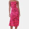 GANNI Kjoler<Pink Floral Printed Satin Midi-kjole RaspberryWine