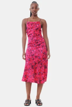 GANNI Kjoler<Pink Floral Printed Satin Midi-kjole RaspberryWine