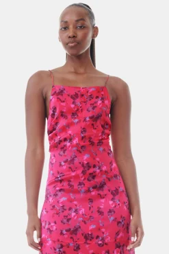GANNI Kjoler<Pink Floral Printed Satin Midi-kjole RaspberryWine