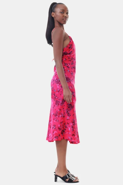 GANNI Kjoler<Pink Floral Printed Satin Midi-kjole RaspberryWine