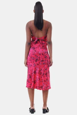 GANNI Kjoler<Pink Floral Printed Satin Midi-kjole RaspberryWine