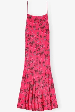 GANNI Kjoler<Pink Floral Printed Satin Midi-kjole RaspberryWine