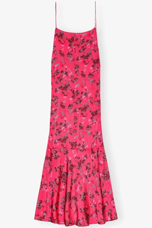 GANNI Kjoler<Pink Floral Printed Satin Midi-kjole RaspberryWine