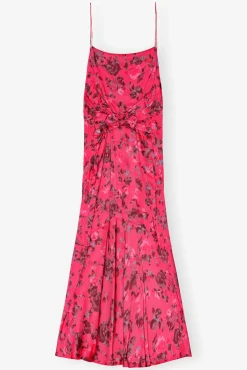 GANNI Kjoler<Pink Floral Printed Satin Midi-kjole RaspberryWine