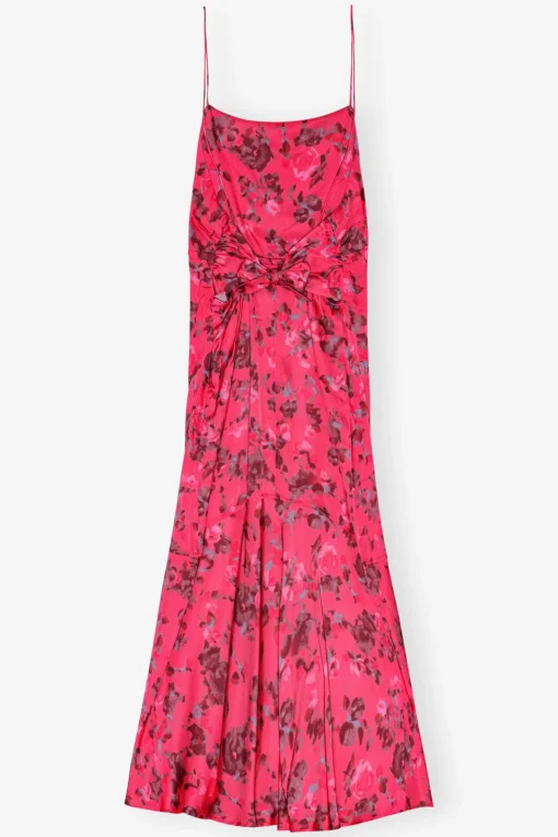GANNI Kjoler<Pink Floral Printed Satin Midi-kjole RaspberryWine