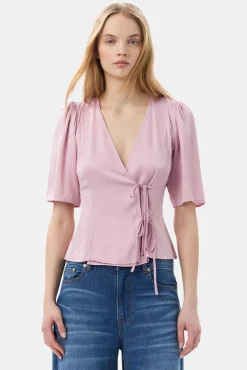 GANNI Topper<Pink Washed Satin Wrap-bluse BleachedMauve