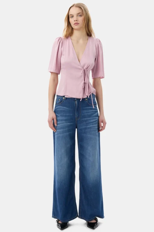 GANNI Topper<Pink Washed Satin Wrap-bluse BleachedMauve