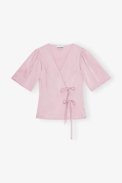 GANNI Topper<Pink Washed Satin Wrap-bluse BleachedMauve