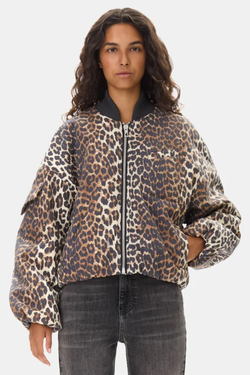 GANNI Ganni Exclusives | Leopardmønster Klær<Printed Canvas Oversized Short Bomber-jakke AlmondMilk