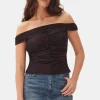 GANNI Ganni Exclusives | Topper<Printed Mesh Off-shoulder Ruched-topp BitterChocolate