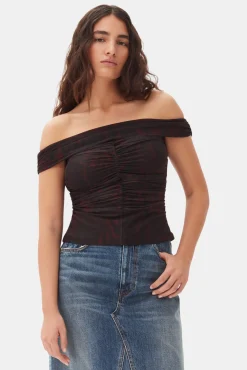 GANNI Ganni Exclusives | Topper<Printed Mesh Off-shoulder Ruched-topp BitterChocolate