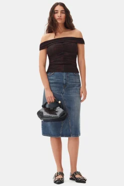 GANNI Ganni Exclusives | Topper<Printed Mesh Off-shoulder Ruched-topp BitterChocolate