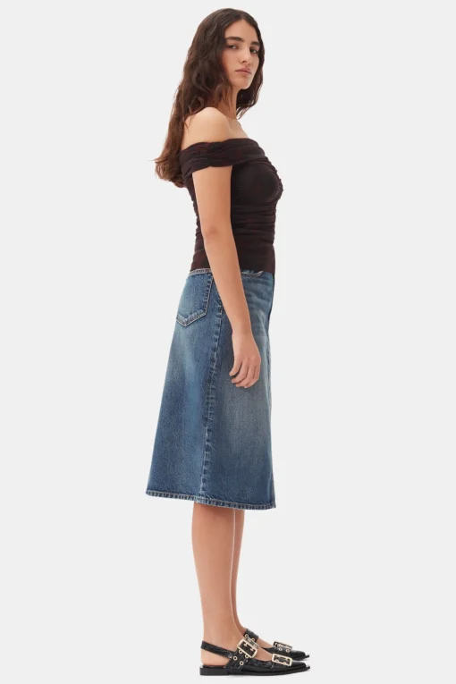 GANNI Ganni Exclusives | Topper<Printed Mesh Off-shoulder Ruched-topp BitterChocolate