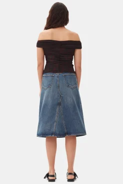 GANNI Ganni Exclusives | Topper<Printed Mesh Off-shoulder Ruched-topp BitterChocolate