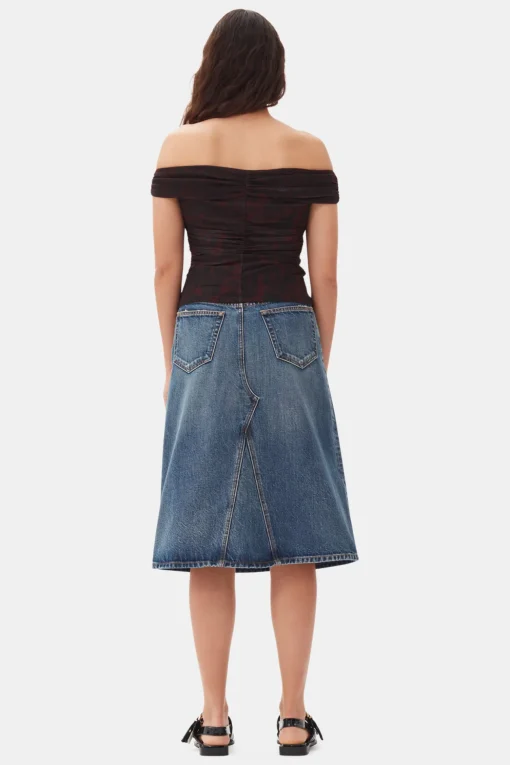 GANNI Ganni Exclusives | Topper<Printed Mesh Off-shoulder Ruched-topp BitterChocolate