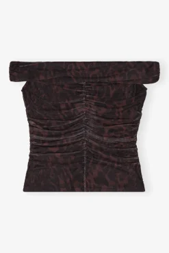 GANNI Ganni Exclusives | Topper<Printed Mesh Off-shoulder Ruched-topp BitterChocolate
