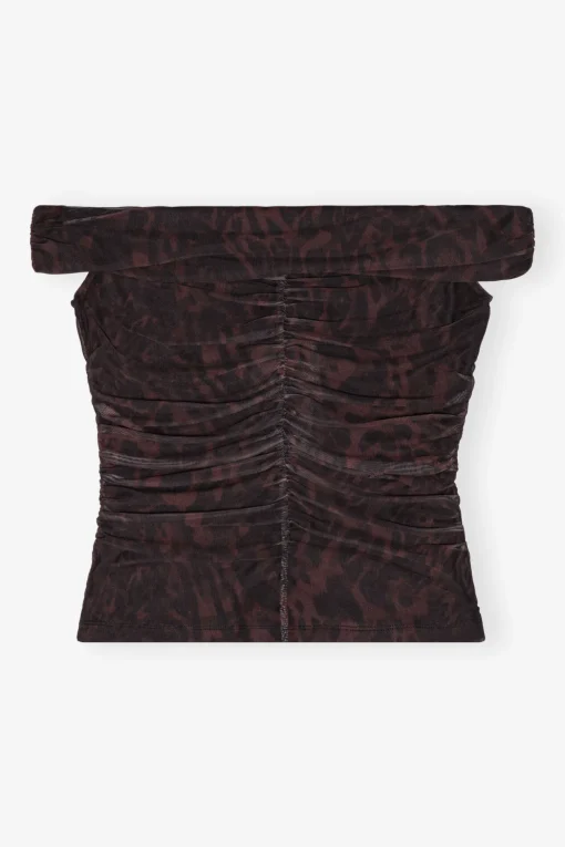 GANNI Ganni Exclusives | Topper<Printed Mesh Off-shoulder Ruched-topp BitterChocolate