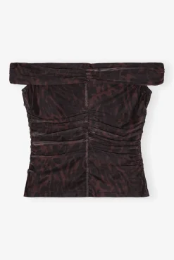 GANNI Ganni Exclusives | Topper<Printed Mesh Off-shoulder Ruched-topp BitterChocolate