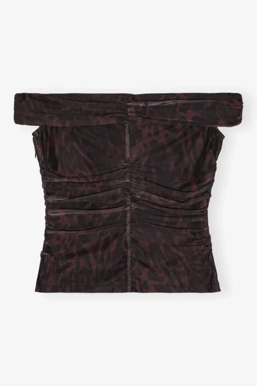 GANNI Ganni Exclusives | Topper<Printed Mesh Off-shoulder Ruched-topp BitterChocolate