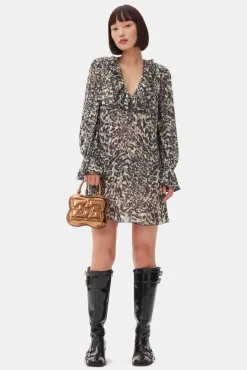 GANNI Ganni Exclusives | Kjoler<Printed Pleated Georgette Flounce Neck Mini-kjole LemonIcing
