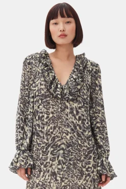 GANNI Ganni Exclusives | Kjoler<Printed Pleated Georgette Flounce Neck Mini-kjole LemonIcing