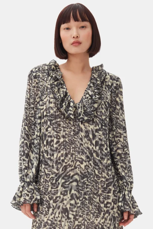 GANNI Ganni Exclusives | Kjoler<Printed Pleated Georgette Flounce Neck Mini-kjole LemonIcing