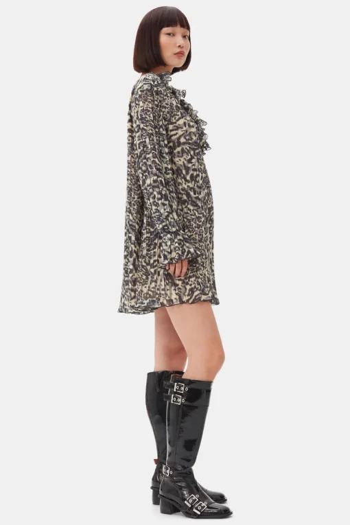 GANNI Ganni Exclusives | Kjoler<Printed Pleated Georgette Flounce Neck Mini-kjole LemonIcing