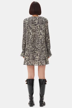 GANNI Ganni Exclusives | Kjoler<Printed Pleated Georgette Flounce Neck Mini-kjole LemonIcing