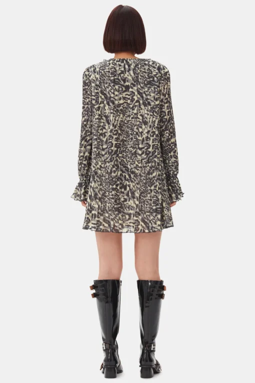 GANNI Ganni Exclusives | Kjoler<Printed Pleated Georgette Flounce Neck Mini-kjole LemonIcing
