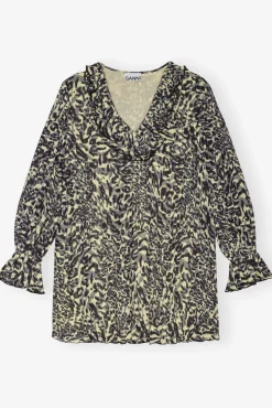 GANNI Ganni Exclusives | Kjoler<Printed Pleated Georgette Flounce Neck Mini-kjole LemonIcing