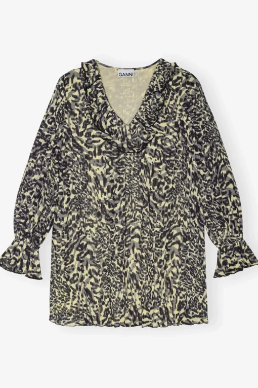 GANNI Ganni Exclusives | Kjoler<Printed Pleated Georgette Flounce Neck Mini-kjole LemonIcing