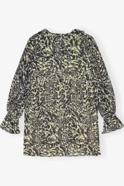 GANNI Ganni Exclusives | Kjoler<Printed Pleated Georgette Flounce Neck Mini-kjole LemonIcing