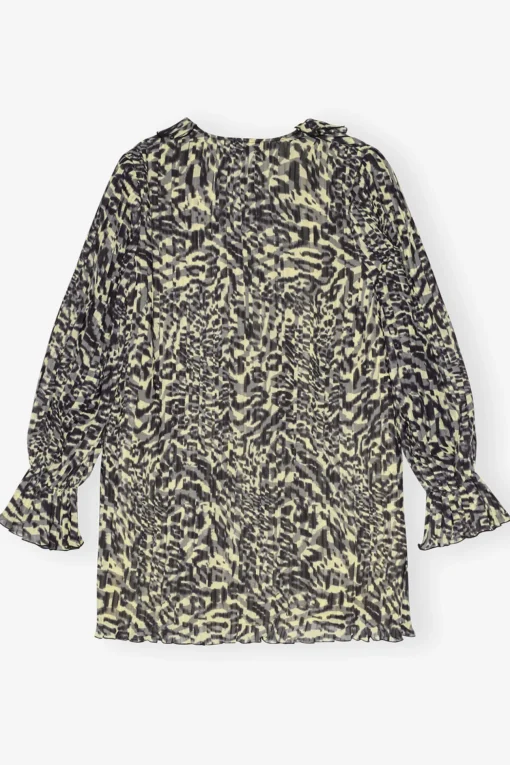 GANNI Ganni Exclusives | Kjoler<Printed Pleated Georgette Flounce Neck Mini-kjole LemonIcing