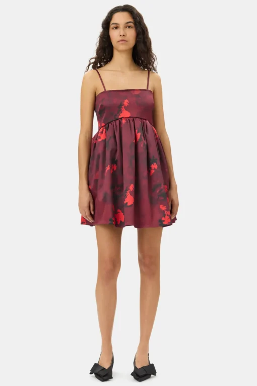 GANNI Trending Now | Festklær<Red Floral Print Satin Strap Mini-kjole Winery