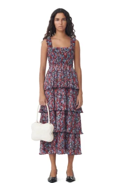 GANNI Kjoler<Red Pleated Georgette Flounce Smock Midi-kjole HighRiskRed
