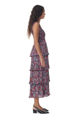 GANNI Kjoler<Red Pleated Georgette Flounce Smock Midi-kjole HighRiskRed