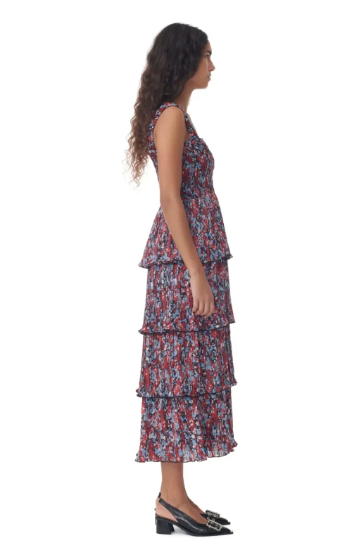 GANNI Kjoler<Red Pleated Georgette Flounce Smock Midi-kjole HighRiskRed