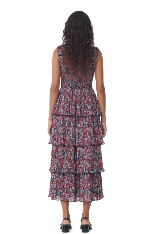 GANNI Kjoler<Red Pleated Georgette Flounce Smock Midi-kjole HighRiskRed