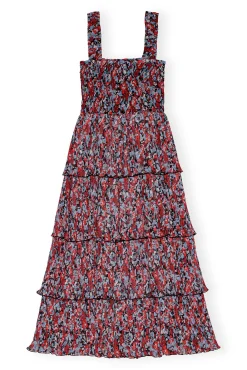 GANNI Kjoler<Red Pleated Georgette Flounce Smock Midi-kjole HighRiskRed