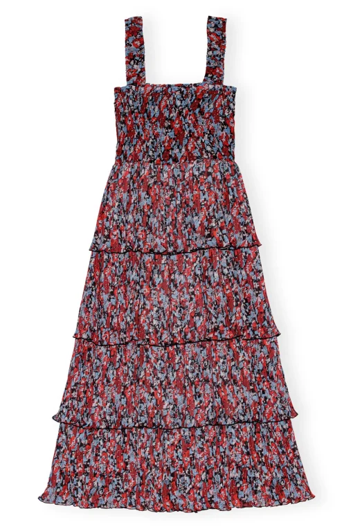GANNI Kjoler<Red Pleated Georgette Flounce Smock Midi-kjole HighRiskRed