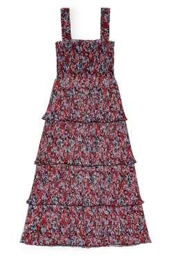 GANNI Kjoler<Red Pleated Georgette Flounce Smock Midi-kjole HighRiskRed